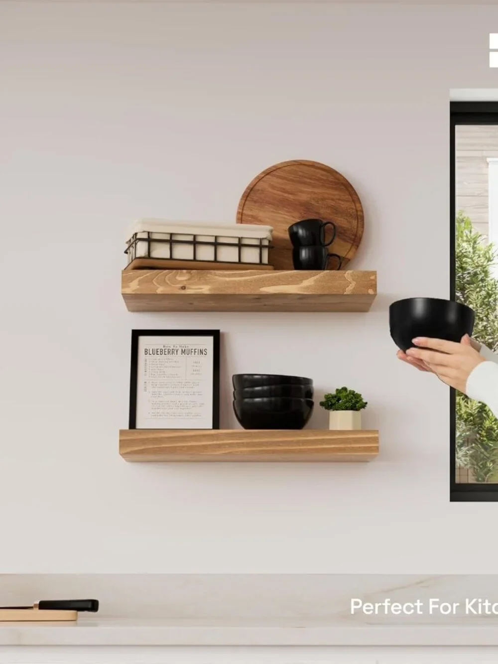 Natural Wood Floating Shelf Set - 16 Inch Oak Finish for Kitchen & Living Room